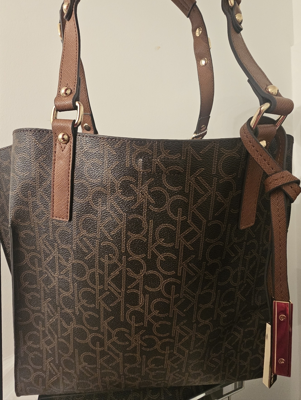Calvin Klein Dark Brown Monogram Tote with Gold Hardware